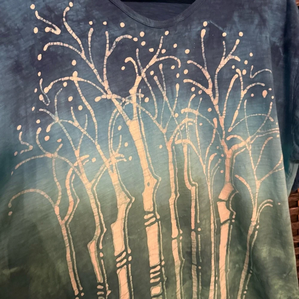 🌿 Grebe Batik Bamboo Tree Tie Dye Top XL Blue Green Artsy Cotton Handmade - Picture 3 of 9